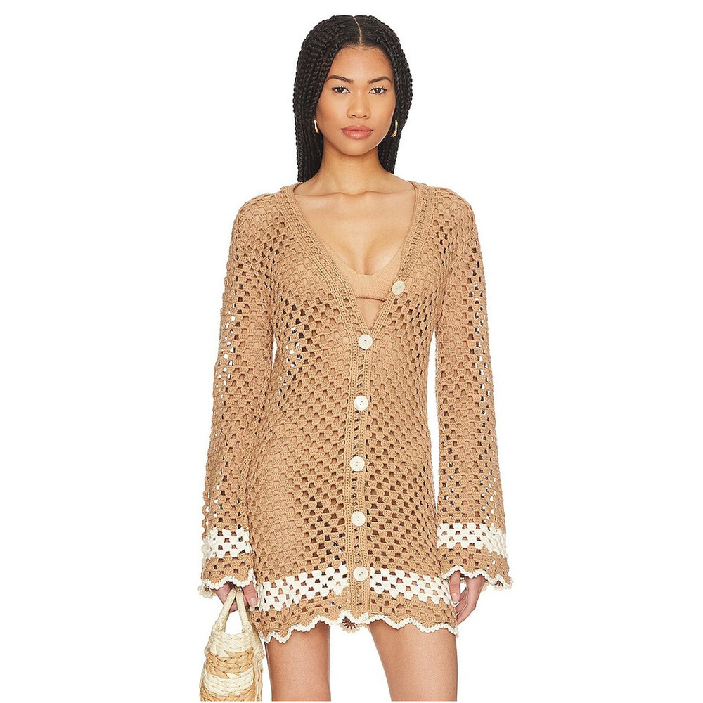 LPA Lanita Crochet Mini Dress button front tan sweater dress XS $278